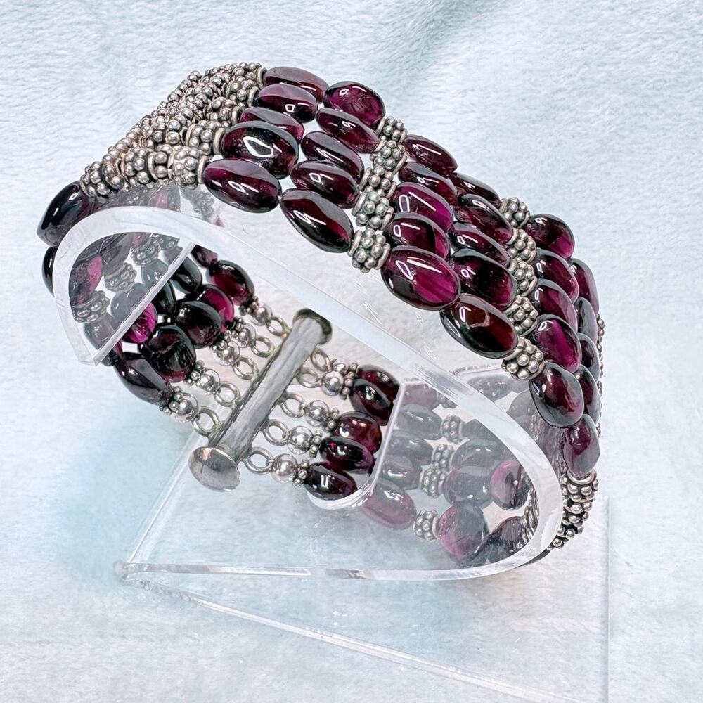 Multi‑Strand Almandine Garnet Bracelet • Bar‑Slide Clasp • Artisan Cuff
